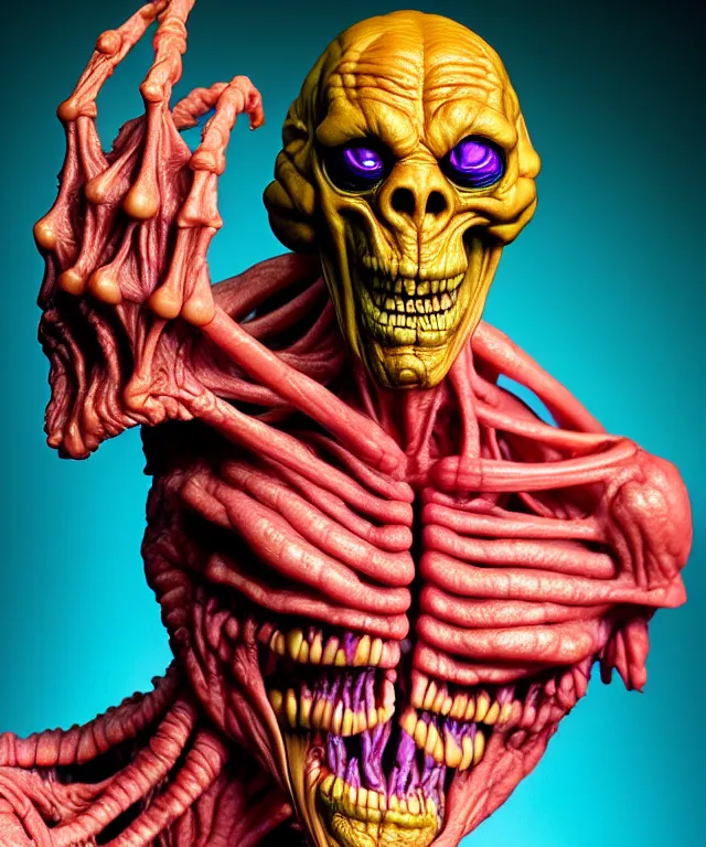 Image similar to hyperrealistic rendering, cronenberg flesh monster skeletor by art of skinner and richard corben and jeff easley, product photography, action figure, sofubi, studio lighting, colored gels