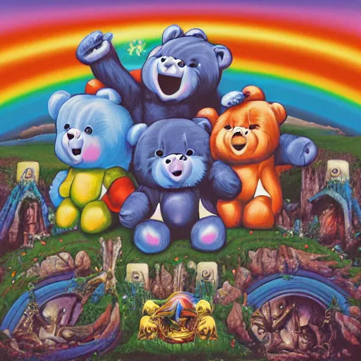 Image similar to the care bears on iron maiden album cover, 8 k resolution hyperdetailed dystopian apocalyptic surrealism