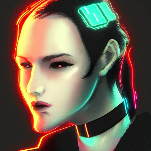 Image similar to headshot artwork of cyberpunk woman wearing thick black choker, collar on neck, realistic, artstation, neon,