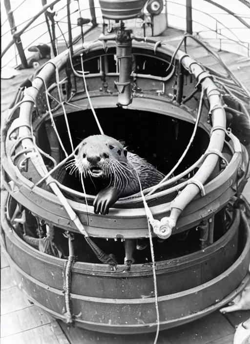 Prompt: an otter repairing a bathysphere, vintage photograph