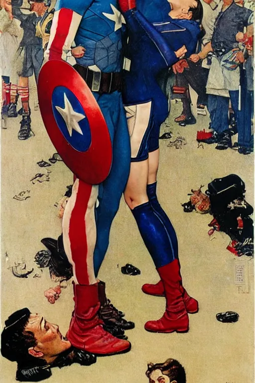 Image similar to norman rockwell painting of captain america romantically kissing captain america