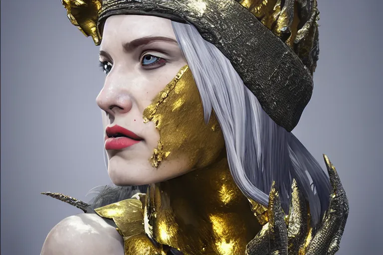 Image similar to Malevolent Ice Queen with gold leaf in the style of Artstation, Unreal Engine, photorealistic, highly detailed