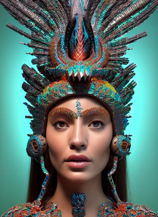 Image similar to 3 d goddess close - up profile portrait. beautiful intricate highly detailed mexican magpie helm and traditional mexican huipil! quetzalcoatl, stingray, bio luminescent, plasma, lava, ice, water, wind, stormy, creature, artwork by tooth wu and wlop and annie leibovitz, octane 3 d render