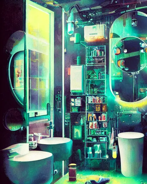 Image similar to IKEA catalogue photo of a cyberpunk bathroom, by Paul Lehr