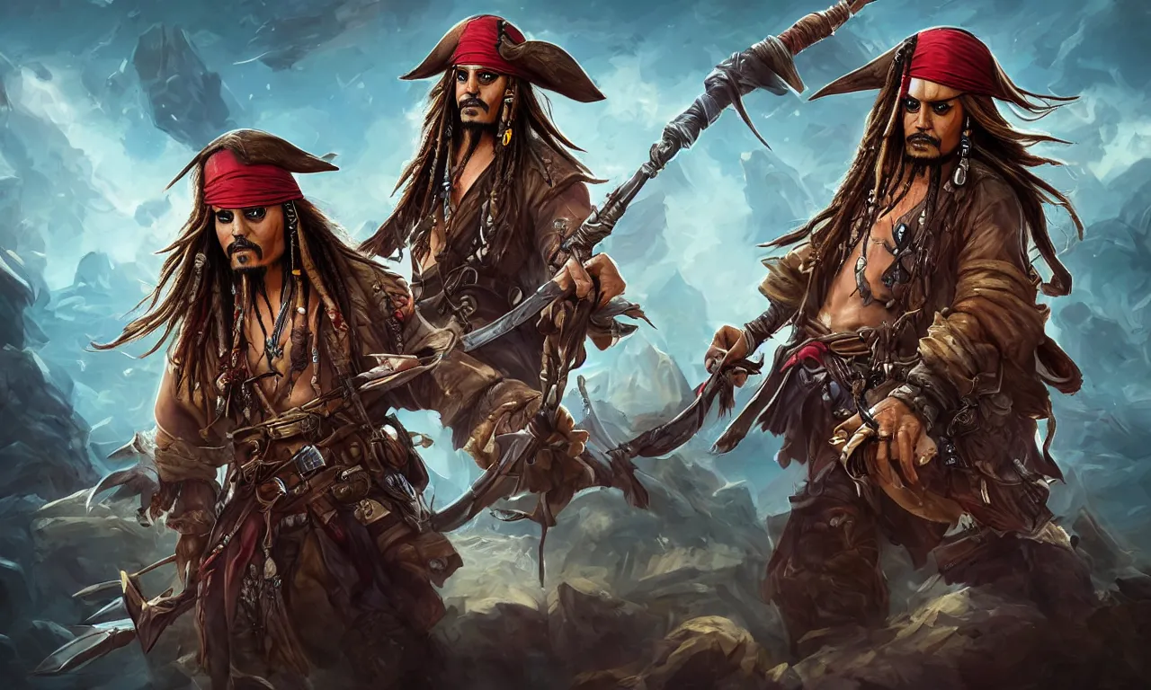 Prompt: jack sparrow as a league of legends character, champion splash art, mixed media, digital art, trending on artstation, 8k, epic composition, highly detailed, AAA graphics