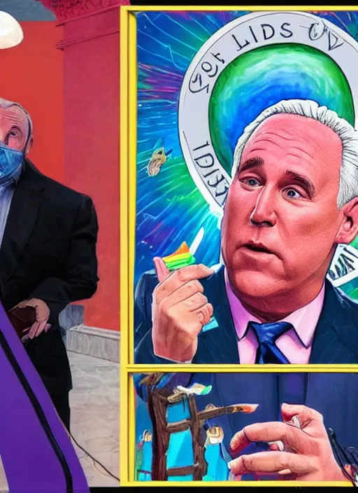 Prompt: old alex jones on the stand in court by lisa frank, realistic, 8k, small picture of roger stone in the bottom right