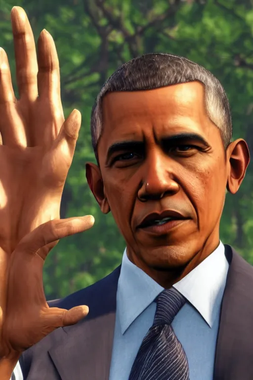 Image similar to obama doing an ok hand sign, cinematic, photoreal, by red dead redemption 2
