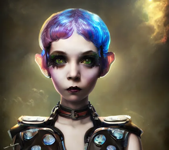 Prompt: epic fantasy comic book style portrait painting of an extremely cute and adorable very beautiful futuristic nebulapunk industrial goth halfling, character design by mark ryden and pixar and hayao miyazaki, unreal 5, daz, hyperrealistic, octane render, cosplay, rpg portrait, dynamic lighting, intricate detail, summer vibrancy, cinematic