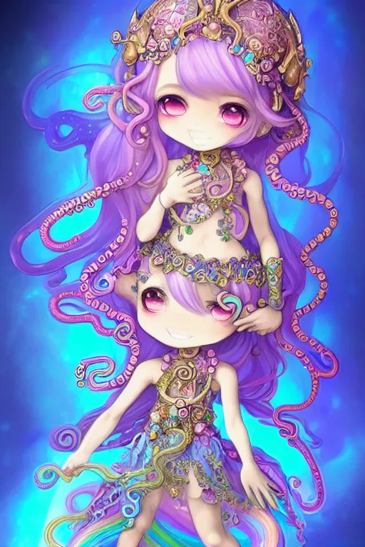 Image similar to A full body shot of a cute young magical girl wearing an ornate dress made of opals and tentacles. Chibi Monster GIrl. Subsurface Scattering. Dynamic Pose. Translucent Skin. Rainbow palette. defined facial features, symmetrical facial features. Opalescent surface. Soft Lighting. beautiful lighting. By Giger and Ruan Jia and Artgerm and WLOP and William-Adolphe Bouguereau and Loish and Lisa Frank. Fantasy Illustration. Sailor Moon. Masterpiece. trending on artstation, featured on pixiv, award winning, cinematic composition, dramatic pose, sharp, details, Hyper-detailed, HD, HDR, 4K, 8K.