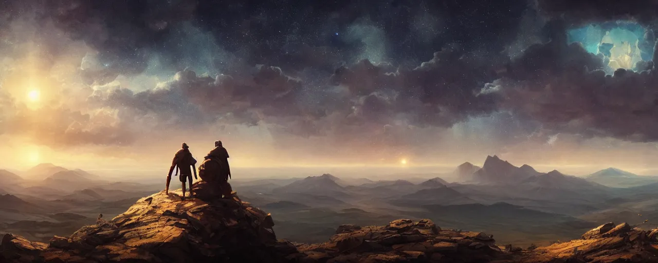 Image similar to top of the holy mountain with the sky full of stars, [ cinematic, detailed, epic, widescreen, opening, establishing, mattepainting, photorealistic, 4 k, octane render, art by greg rutkowski ]