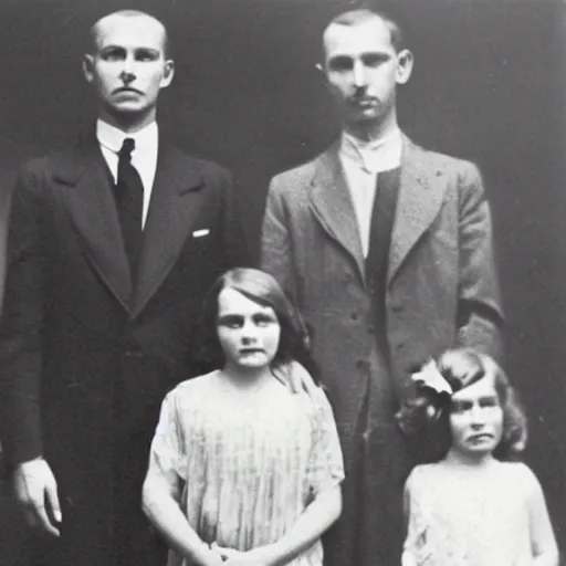 Prompt: a family portrait, all family members have the aphex twin come to daddy face, 1 9 2 0 s