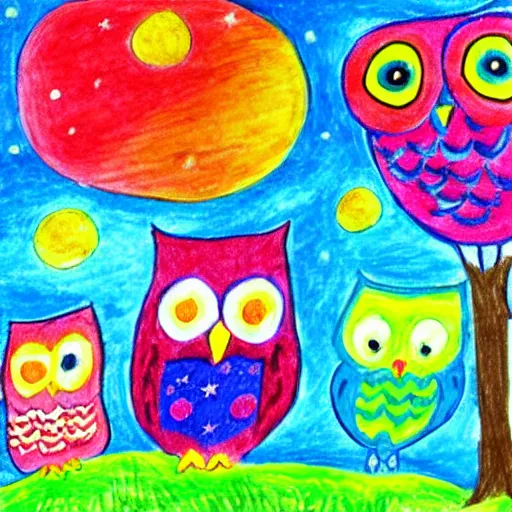 Image similar to childrens drawing of life the universe owls and trees,