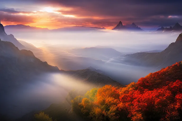 Prompt: landscape photography of ciucas by marc adamus, morning, mist, rays of light, beautiful