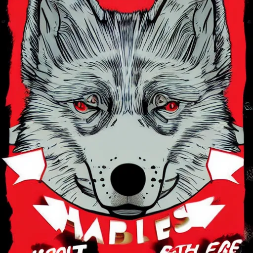 Image similar to portrait of retarded wolf, funny, squint eyes, rabies, propaganda style, vivid colors, poster style, he he