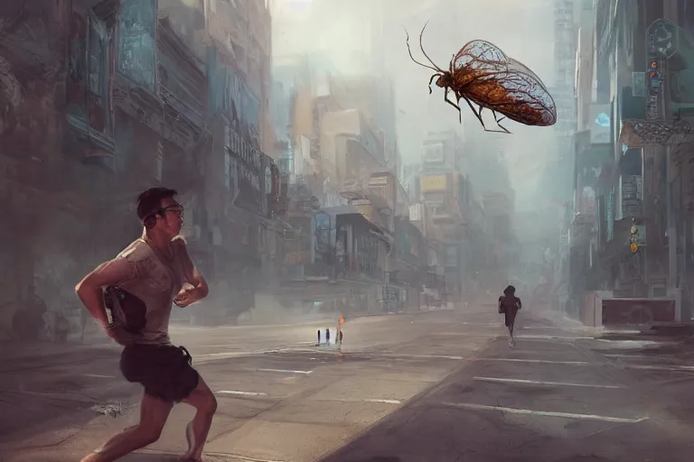 Prompt: a man running in panic through a ghost city by a huge insect, made by stanley artgerm lau, wlop, rossdraws, artstation, cgsociety, concept art, cgsociety, octane render, trending on artstation, artstationhd, artstationhq, unreal engine, 4 k, 8 k,