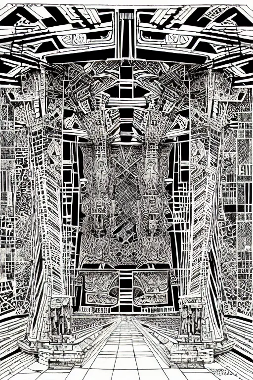 Image similar to a black and white drawing of an ancient temple, a detailed mixed media collage by hiroki tsukuda and eduardo paolozzi and moebius, intricate linework, sketchbook psychedelic doodle comic drawing, geometric, street art, polycount, deconstructivism, matte drawing, academic art, constructivism