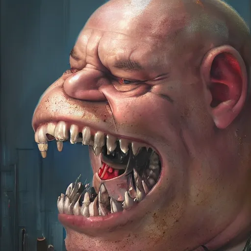 Prompt: closeup portrait of an overweight barkeeper with a prosthetic robot arm, decayed teeth, ratz, neuromancer, bar background, painted by greg rutkowski, painted by igor kieryluk, high detail, dramatic light, digital art, trending on artstation