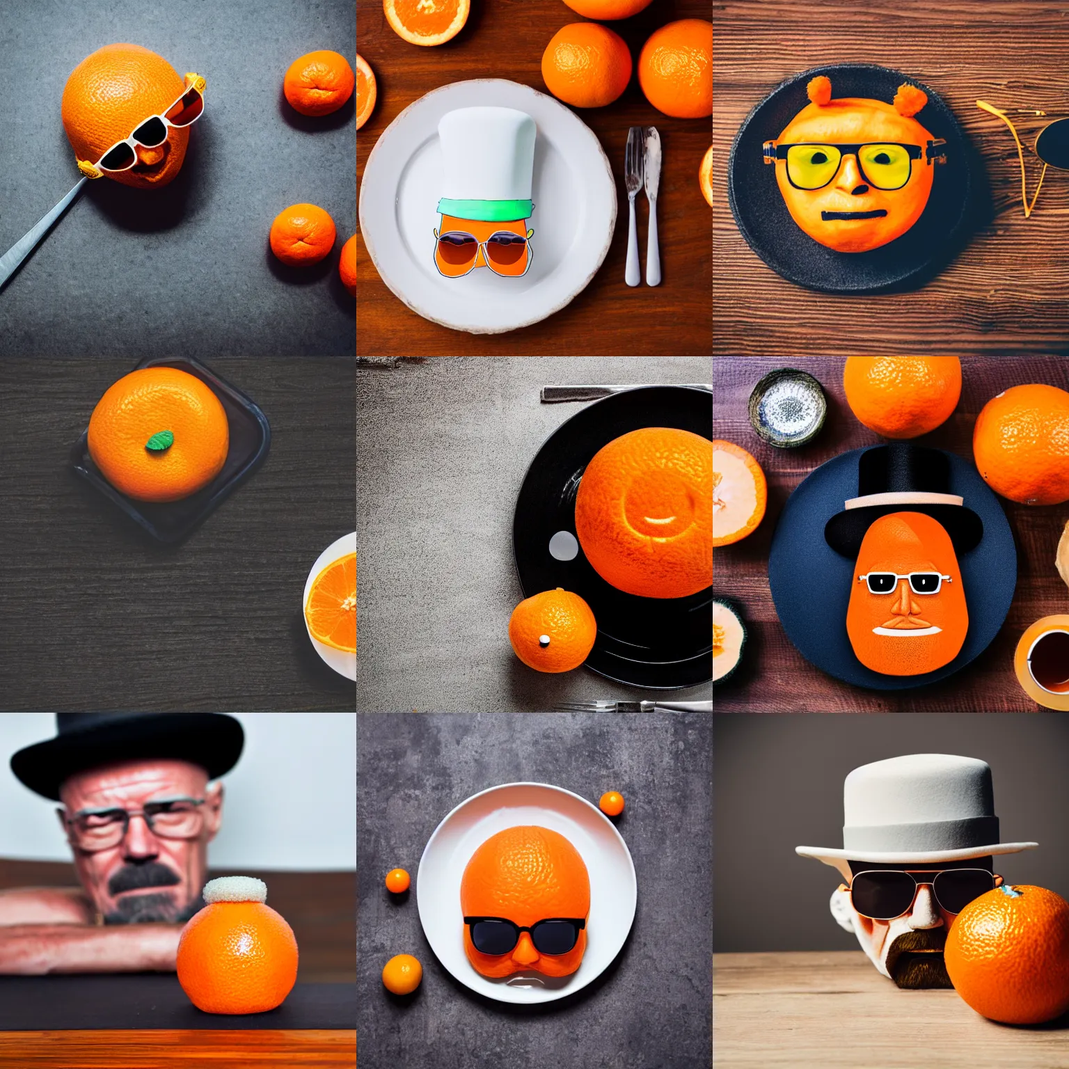 an orange that looks like walter white, wearing bowler | Stable ...