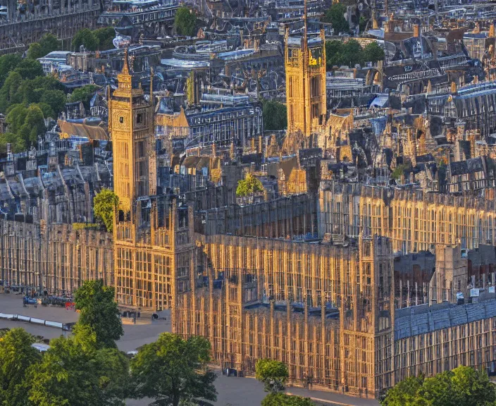 Prompt: 4 k hd, high detail photograph of buckingam palace and the big ben, shot with sigma f / 4. 2, 2 5 0 mm sharp lens, wide shot, volumetric lighting, high level texture render