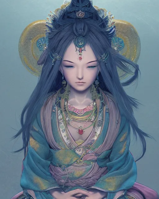 Image similar to character portrait of a contented female bodhisattva, praying, color page, 4 k, tone mapping, doll, akihiko yoshida, james _ jean _ andrei _ riabovitchev _ marc _ simonetti, yoshitaka amano, digital illustration