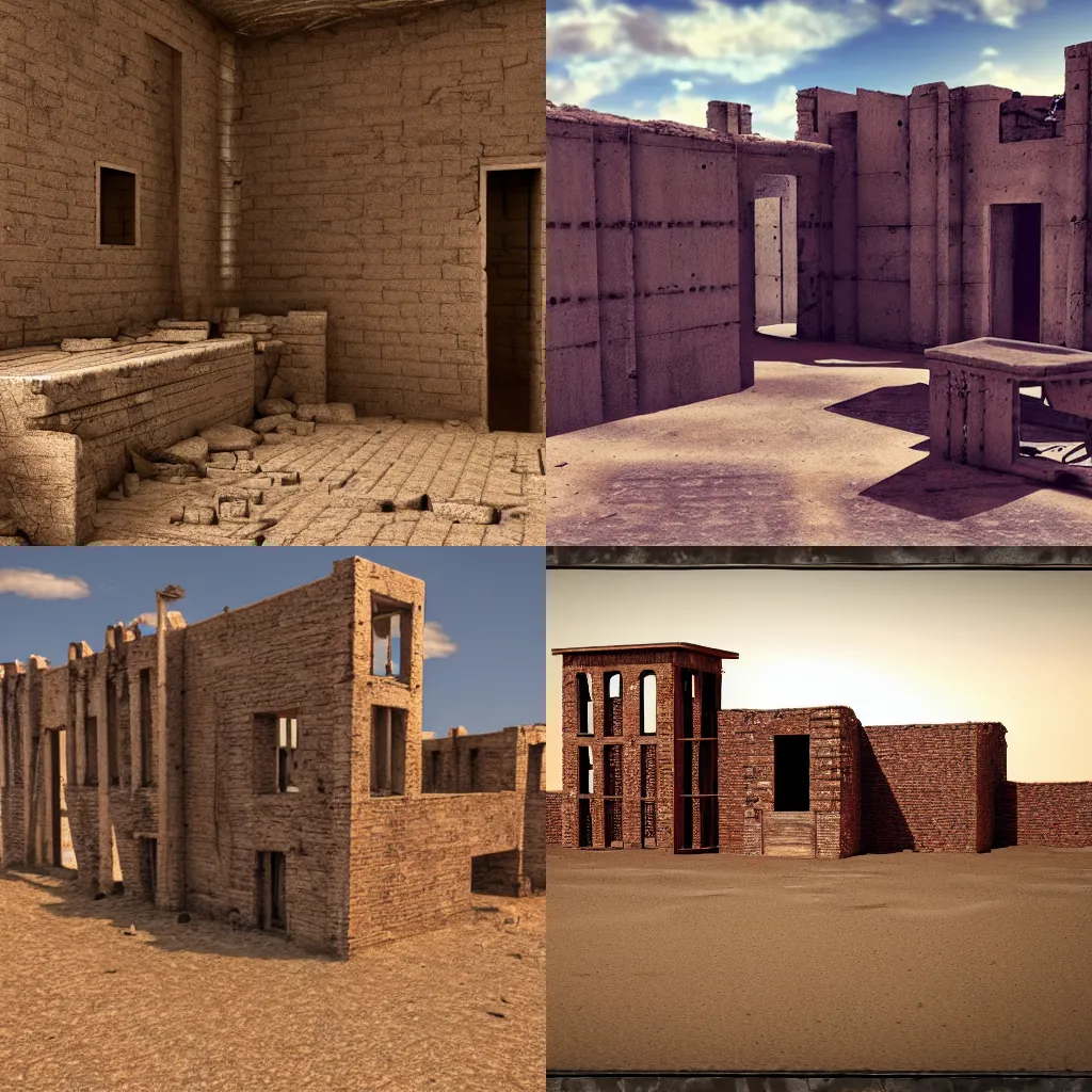 Prompt: Abandoned wild west prison, 3D render, desert, ruins