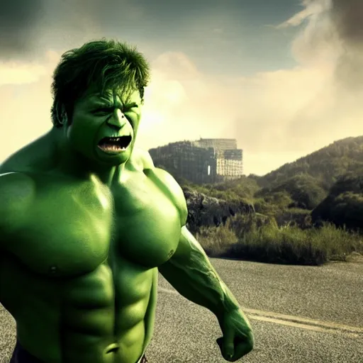 Prompt: limmy brian limond as the incredible hulk, realistic, wide shot, sunny lighting, octane render, hyper realistic, high quality, highly detailed, hd, beautiful, cinematic, 8 k, unreal engine, facial accuracy,