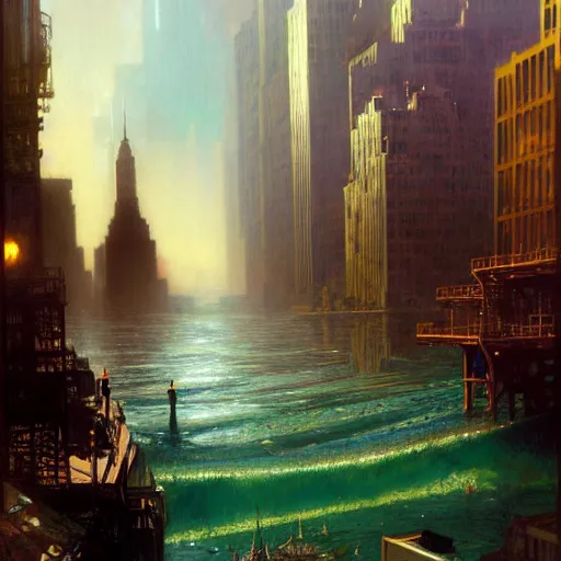 Prompt: modern new york city sinking in the ocean, water is entering. buildings, the whole city is half way underwater already, natural lighting, path traced, highly detailed, high quality, digital painting, by gaston bussiere, craig mullins, alphonse mucha j. c. leyendecker