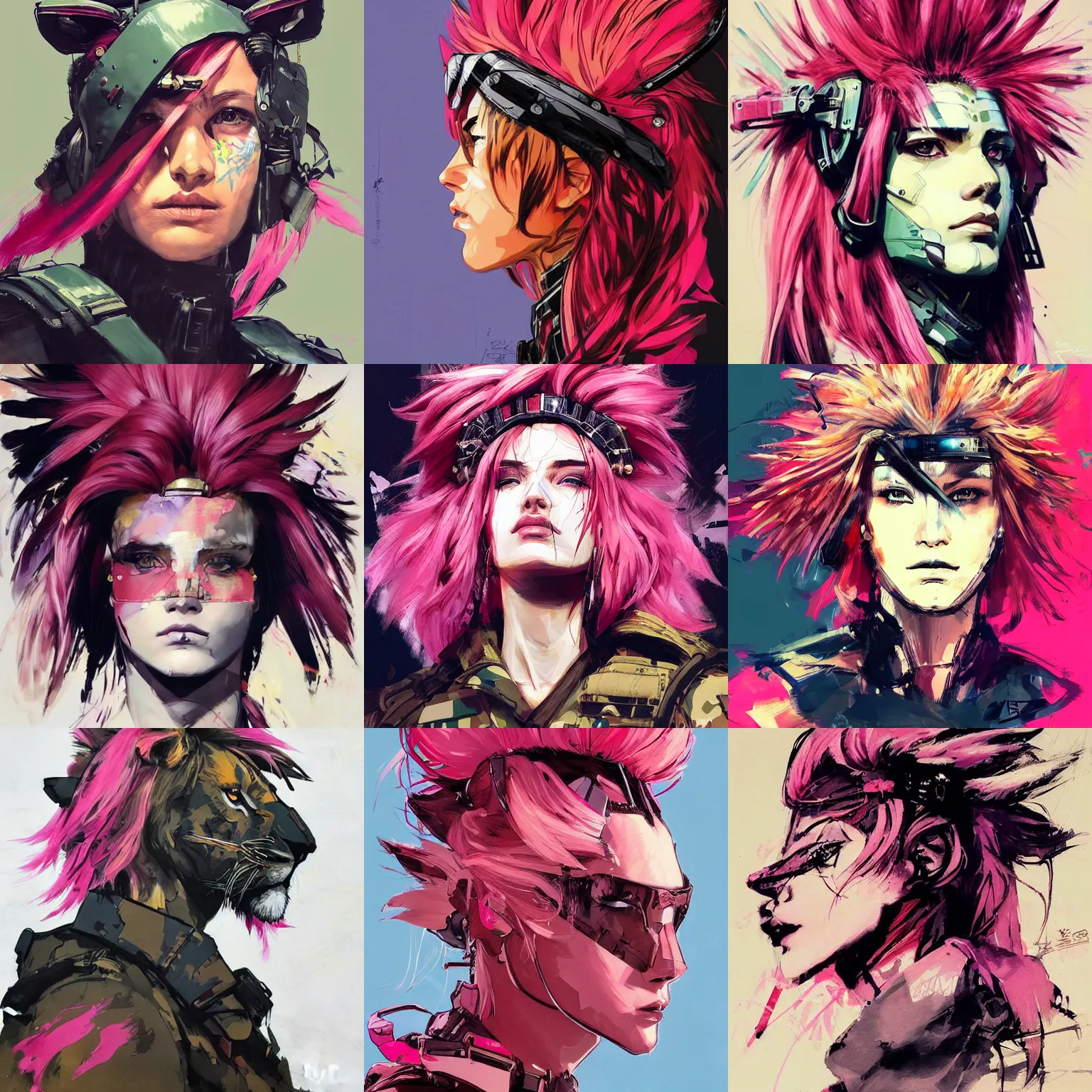 Prompt: a beautiful side portrait painting of a female soldier, with a lion helmet. the mane is tinted with vibrant, pink tones. art by yoji shinkawa and sandra chevrier, trending on artstation, award - winning, perfect composition.