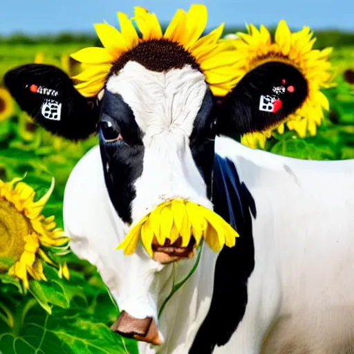 Image similar to a southern belle cow with a black and white bow on head, sunflower background, 4k, rustic colors, country style