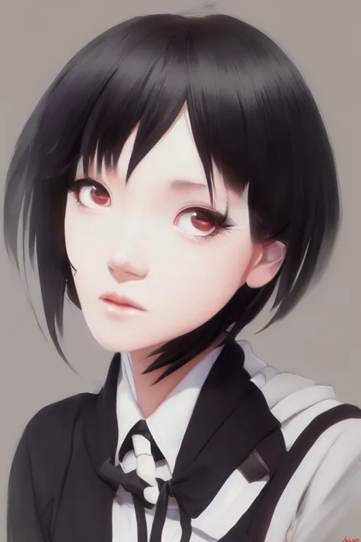 Image similar to Gorgeous japanese schoolgirl with black hair, in black uniform, very detailed eyes. By ilya kuvshinov, krenz cushart, Greg Rutkowski, trending on artstation