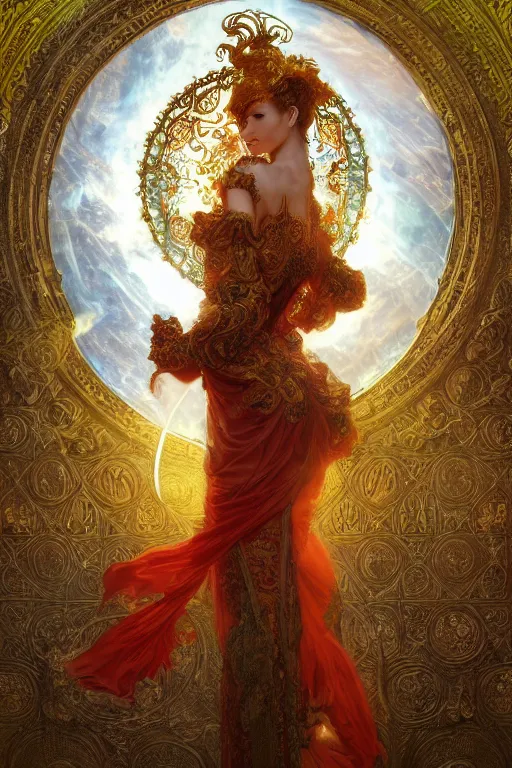 Image similar to tarot card artstation, portrait of a ravishing love dancer, sunrise, baroque ornament and rococo ornament, ancient chinese ornate, hyperdetailed, beautiful lighting, craig mullins, mucha, klimt, yoshitaka amano, depth, red and gold and orange color palette