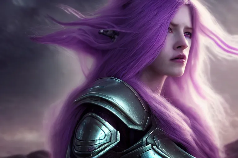 Image similar to an ultra realistic, cinematic, close up portrait, of a pale woman in sci - fi armor with flowing purple hair,, sylvanas windrunner, soft light, dreamy, facial features, standing in a space ship wreck, detailed, deep focus, movie still, dramatic lighting, ray tracing, by michal karcz and yoshitaka and david cronenberg