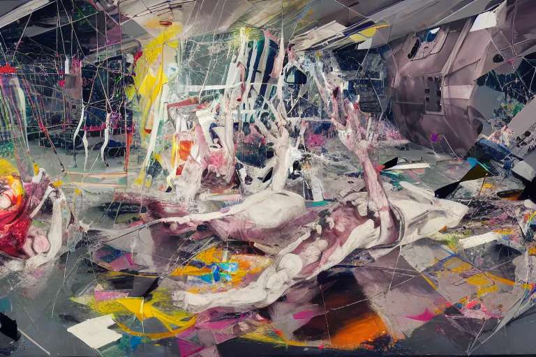 Image similar to bodies entwined in a fight with the physical impossibility of death, inside a brutalist space ship, extremely intricate and detailed, by painted by francis bacon, adrian ghenie, james jean, part by gerhard richter, part by petra cortright. 8 k masterpiece