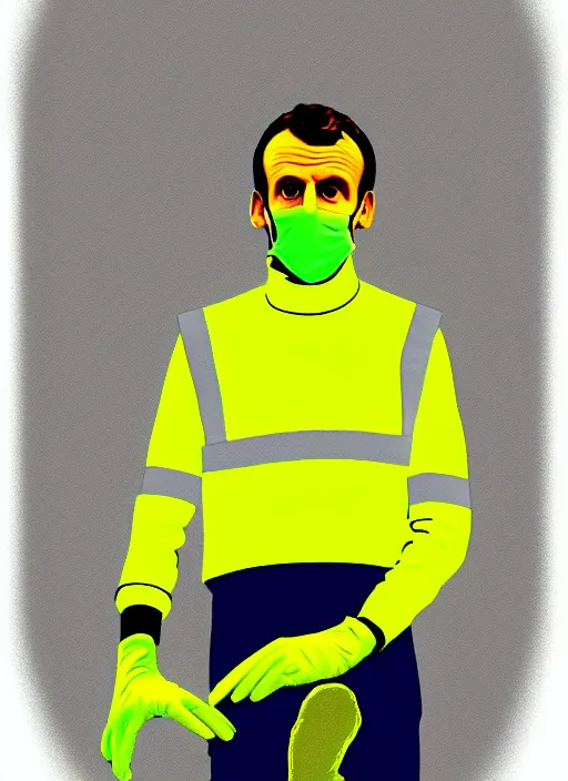 Prompt: emmanuel macron wearing hivis and rubber gloves, digital art