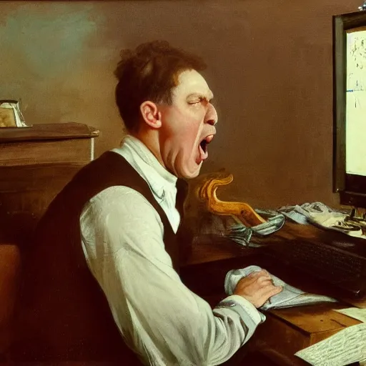 Image similar to an angry man yells at his computer monitor, oil on canvas, 1 8 8 3, highly detailed