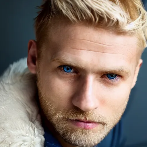 Image similar to close up of face of 4 0 year old anglo slavic blond man with blond stubble, very short wavy blond hair, very dark blue eyes, portrait, 4 k