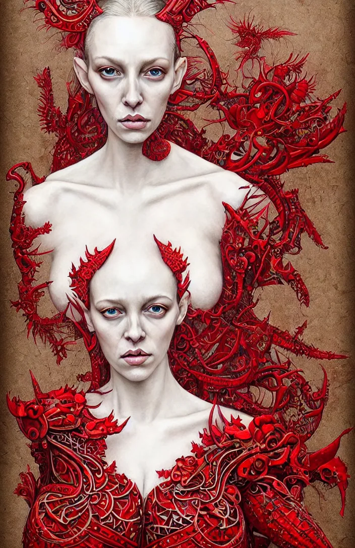 Prompt: epic professional digital portrait of gorgeous thin white woman, epic armoured red party dress, painted, intricate, detailed, by leesha hannigan, wayne haag, reyna rochin, ignacio fernandez rios, mark ryden, iris van herpen, best on artstation, cgsociety, epic, stunning, gorgeous, much wow.