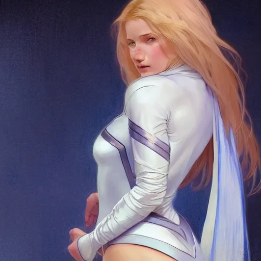 Image similar to a beautiful portrait of a beautiful cute teen superhero girl, blonde hair, tight matte navy - blue bodysuit, white cape, intricate, elegant, 8 k, highly detailed, digital painting, concept art, smooth, sharp focus, illustration, by artgerm greg rutkowski alphonse mucha loish wlop