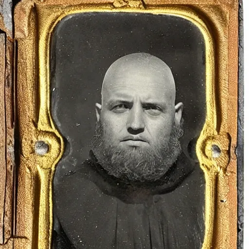 Image similar to tintype photograph of medieval monk, medieval abbot, italian monastery, medieval photograph