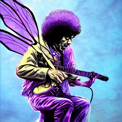 Image similar to Jimi Hendrix riding on the back of an enormous purple dragonfly, Digital realistic detailed art trending in Artstation.