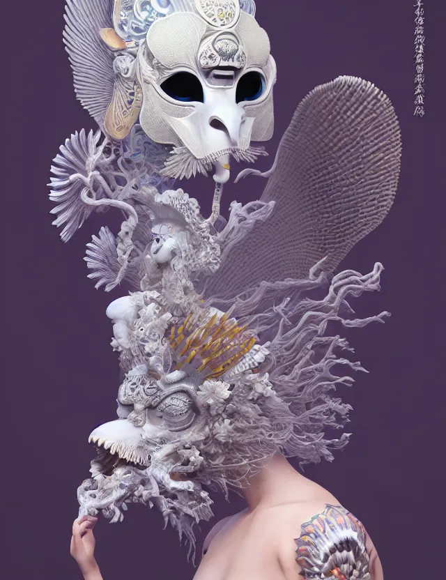 Image similar to 3 d goddess bottom - up with ram skull. beautiful intricately detailed japanese crow kitsune mask and clasical japanese kimono. betta fish, jellyfish phoenix, bio luminescent, plasma, ice, water, wind, creature, artwork by tooth wu and wlop and beeple and greg rutkowski