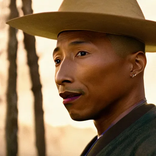 Image similar to cinematic film still Pharrell Williams starring as a Samurai holding fire, Japanese CGI, VFX, 2003, 40mm lens, shallow depth of field,film photography