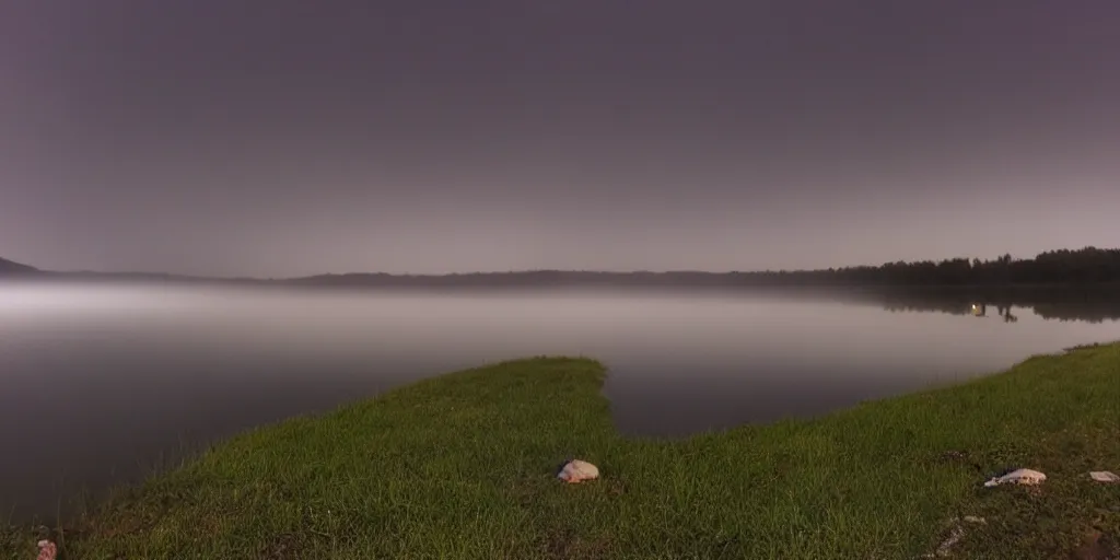 Prompt: empty lake at night, there is fog glazing over the water. it is raining, with lightning strikes.