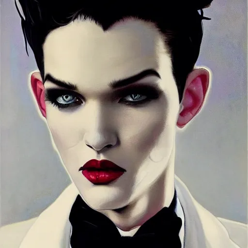 Image similar to beautiful portrait of androgynous ruby rose as desire from sandman in a white tuxedo!!!, rockabilly style, by peter lindbergh, by alphonse mucha, cedric peyravernay, by jeremy mann, by frank moth, white suit and black tie, soft lightning, high detailed, 8 k