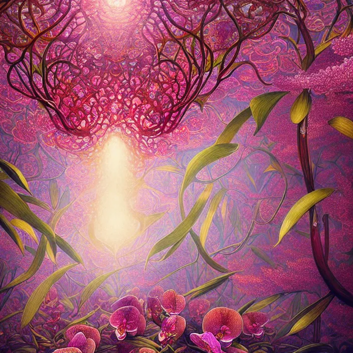 Prompt: extremely psychedelic lattice made of orchid and cherry blossom and musroom, LSD, diffuse lighting, fantasy, intricate, elegant, highly detailed, lifelike, photorealistic, digital painting, artstation, illustration, concept art, smooth, sharp focus, art by John Collier and Albert Aublet and Krenz Cushart and Artem Demura and Alphonse Mucha