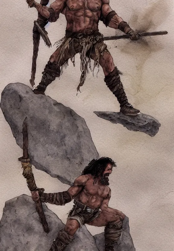 Prompt: randy savage with an anchor weapon slung over his shoulder and foot heroically on a boulder posing alone in desolate wasteland | portrair | fantasy watercolour painting | middle earth | conan | darksun | d & d dungeons and dragons | barbarian
