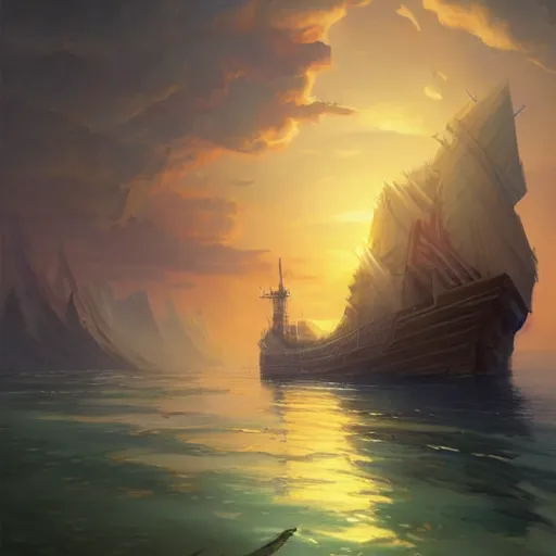 Image similar to a large ship floating on top of a body of water, , cgsociety, fantasy art, 2d game art, official art, concept art , behance hd , concept art by Jesper Ejsing, by RHADS, Makoto Shinkai