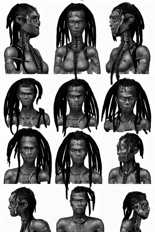 Image similar to african dreadlock hairstyles!! cyborg female with gunmetal grey skin, medical anatomy, paneled face, highly detailed, mecha, mechanical implants, three - perspective / three - view reference sheet ( front / back / side ), in the style of dan ouellette, dren from splice, hr giger, sil from species, artstation, unreal engine