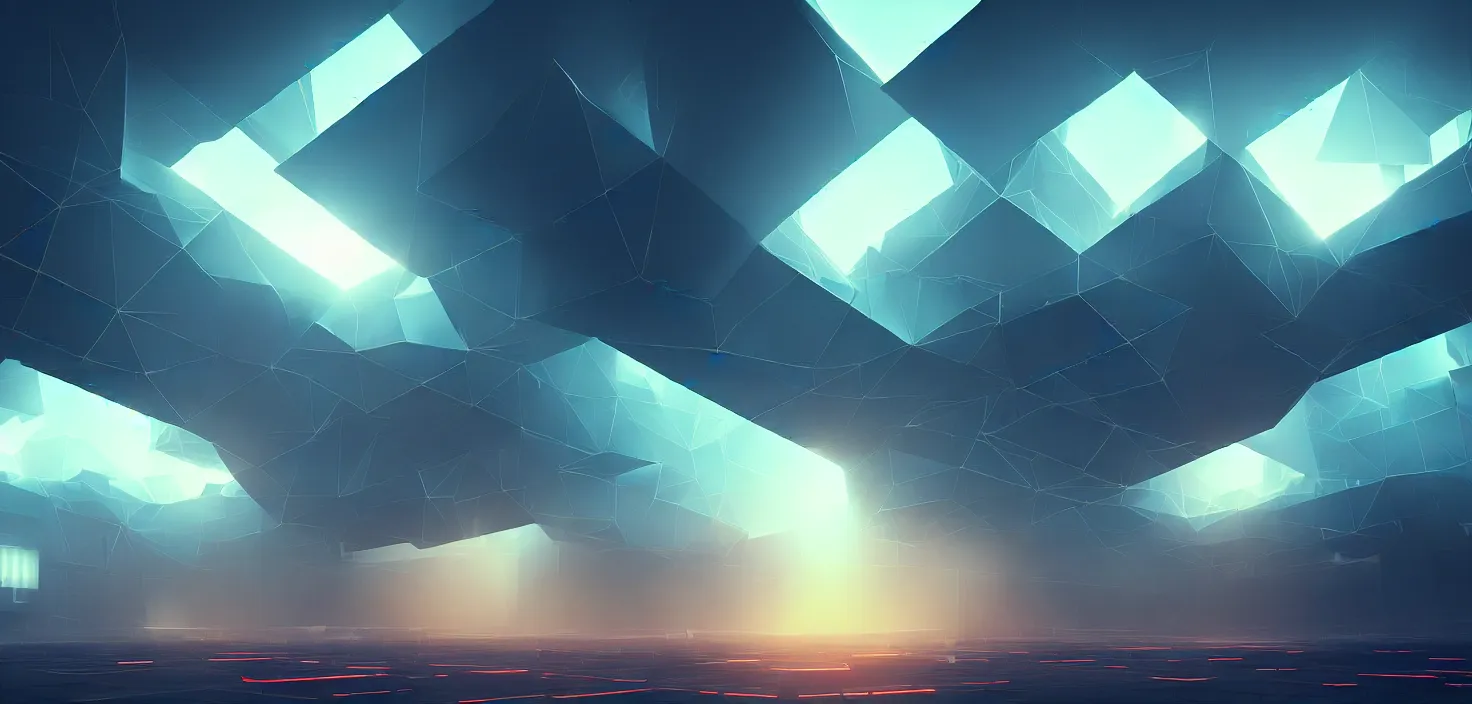 Prompt: abstract data center server, business technology blurred polygonal geometric space, hi tech digital interior, cinematic view, epic sky, detailed, concept art, low angle, high detail, warm lighting, volumetric, godrays, vivid, beautiful, trending on artstation, by jordan grimmer, huge scene, art greg rutkowski