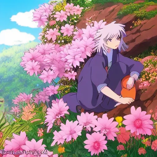 Image similar to creature sitting at the flower made by studio ghibli, detail, high quality, detailed creature, beautiful scene, smooth